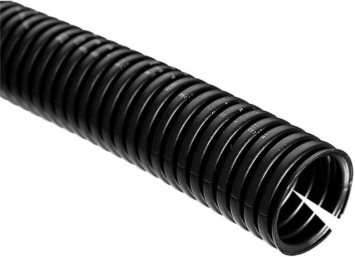 50m Gegolfde Buis met Gleuf - NW 7,5 Kabelbescherming - Zwart | Open flexibele slang van polypropyleen - UV-bestendig en vlamvertragend - Marterbescherming - Binnenmaat 6,9mm - Buiten 9,9mm