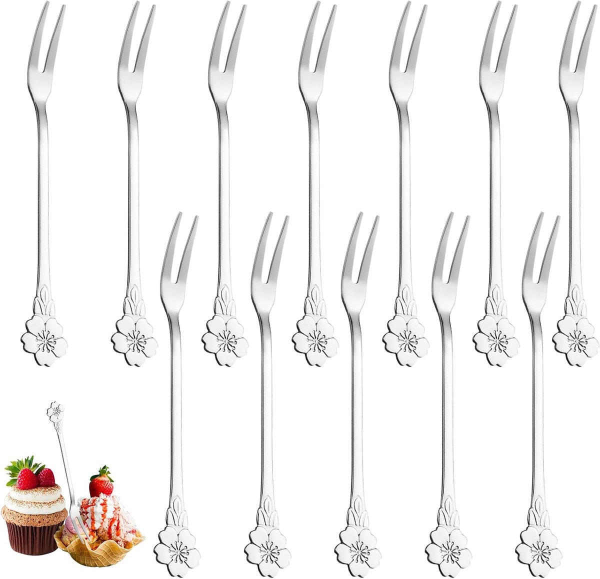 6 Delige Kerstelandvormige Koffielepels, dessertvorken, kleine vorken taartvorken bowl vorken cocktailvorken, perfect voor afternoonthee van een dessertwinkelfeest (zilver) (Kersenbloesems)