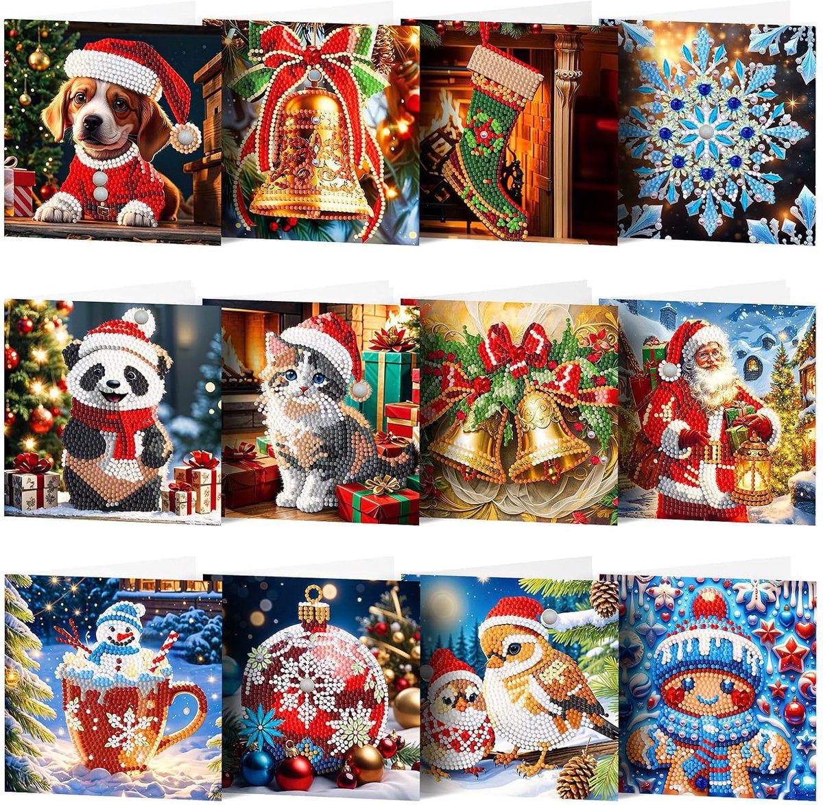 5D Diamond Painting kerstwenskaart, 12 stuks, kerstkaart, strass, handwerk, wenskaart, handgemaakte doe-het-zelf kerstkaarten, ansichtkaarten, cadeaukaart voor kerstdecoratie