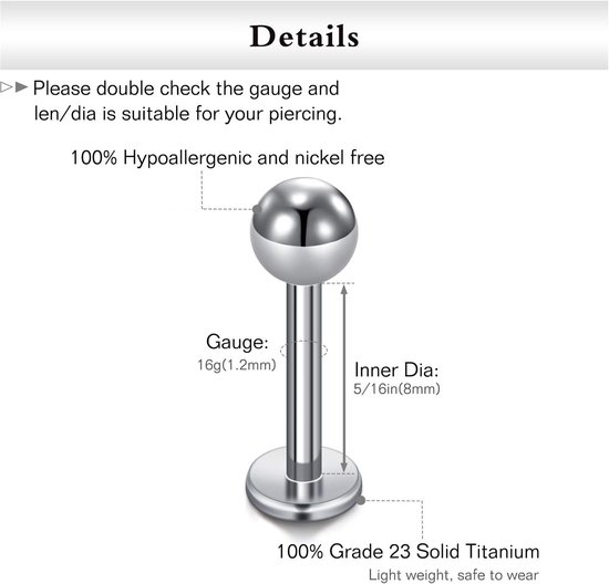 2 stks G23 Titanium Lip Bar Labret Studs 16G 6/8/10mm Tragus Kraakbeen Helix Bar Medusa Piercing Studs — afbeelding 3