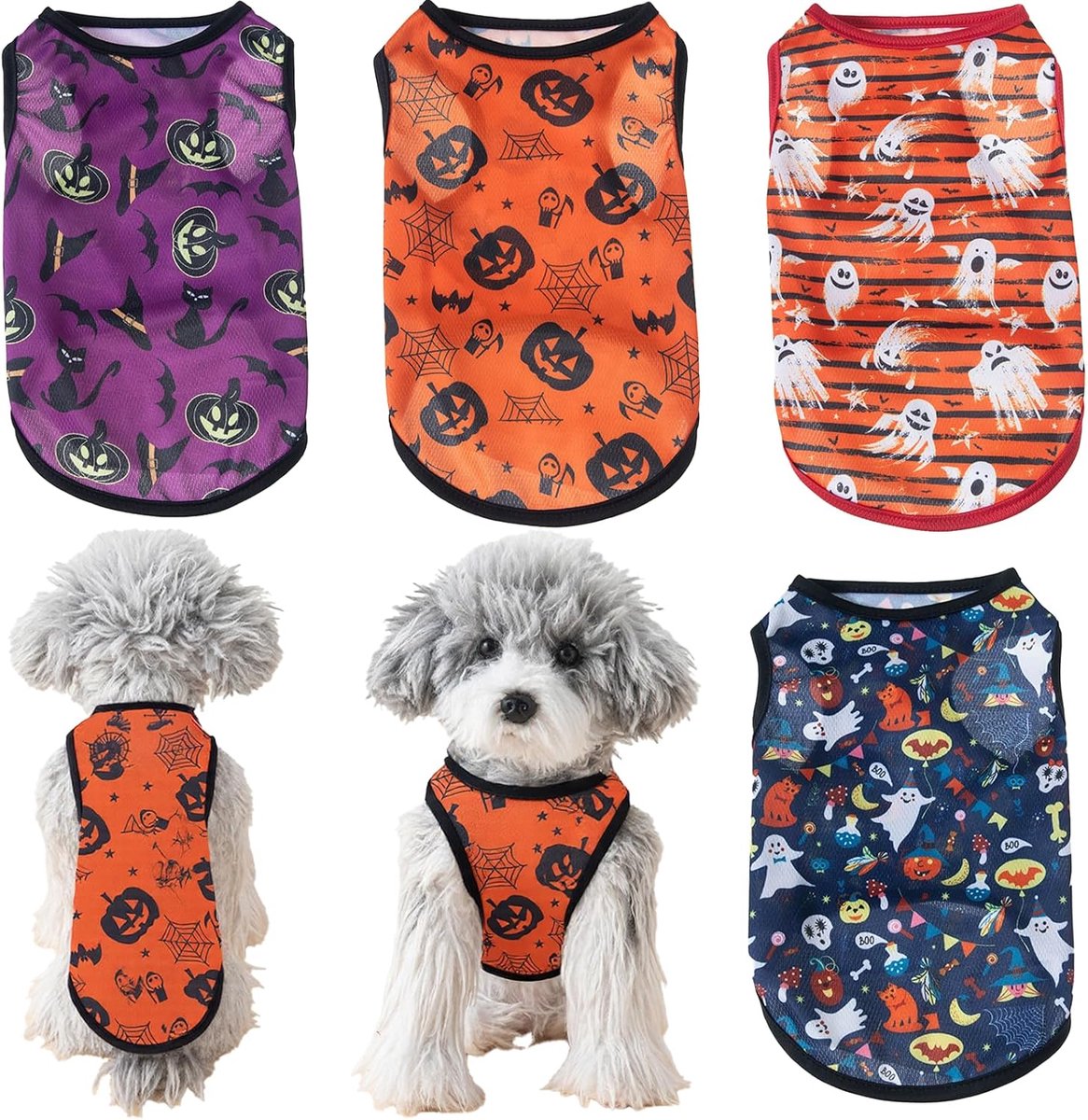 4-pack Halloween hondenshirts pompoen spook patroon vakantie hondenkleding voor kleine tot middelgrote honden katten kostuum outfits (Halloween, S (1-2 kg)