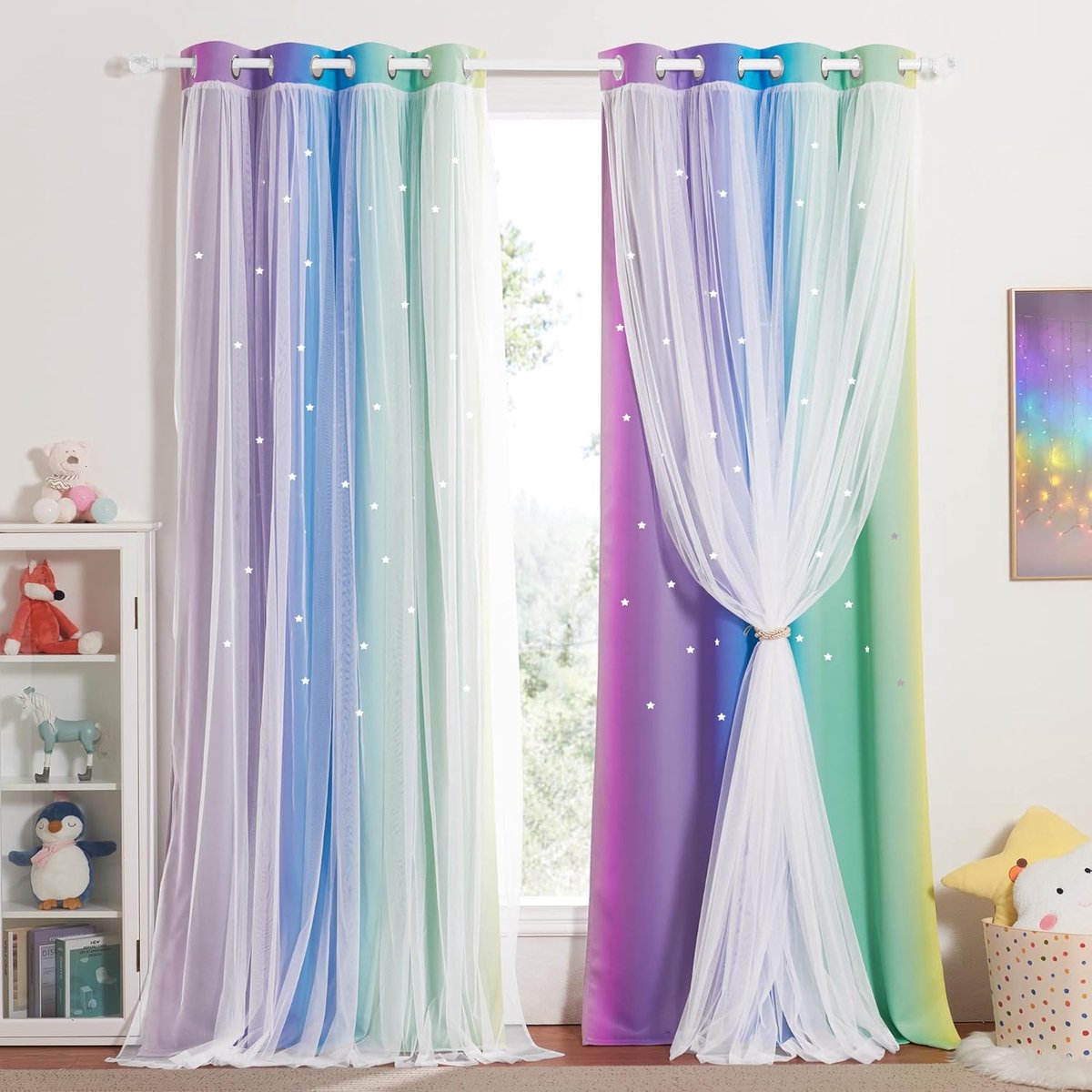 Verduisteringsgordijn voor de kinderkamer, set van 2 stuks, sterrengordijnen met vitrage, voor meisjes, decoratie, gordijn met inslagringen, 260 x 132 cm (h x b), regenboog-1