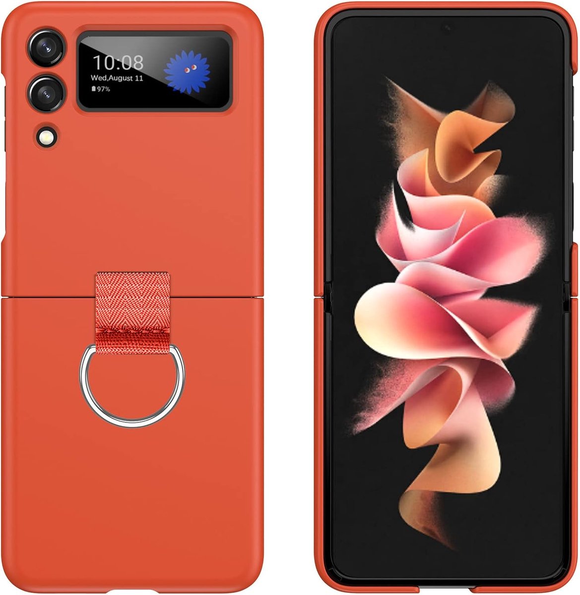 Hoesje ontworpen voor Samsung Galaxy Z Flip3 / Samsung Galaxy Flip 3 2021 (6,7 inch), hard PC-telefoonhoesje met ring - oranje.