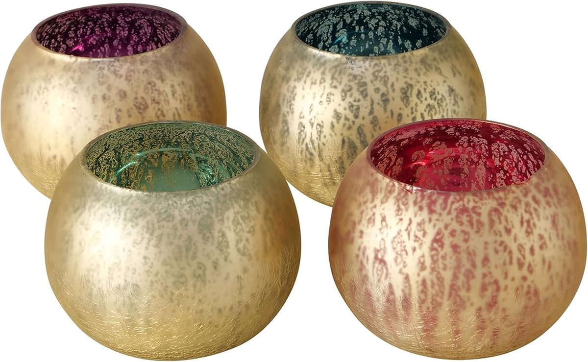 4-delige set windlicht Corios, rond, roze, paars, groen en blauw, diameter 12 cm, hoogte 9,5 cm, theelichthouder van glas, tafeldecoratie, gouden buitenoppervlak, kandelaar voor woonkamer, keuken, eettafel en andere