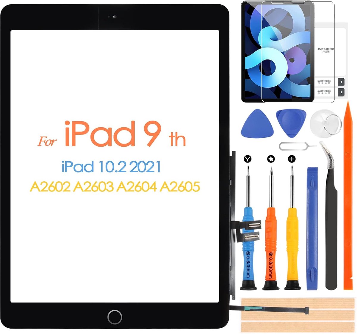 Touchscreen voor iPad 9 2021 9e generatie, digitizer voor iPad 10.2 2021 A2602 A2603 A2604 A2605, touchscreen aan de voorkant met home-knop, reparatiegereedschap inbegrepen (zwart)