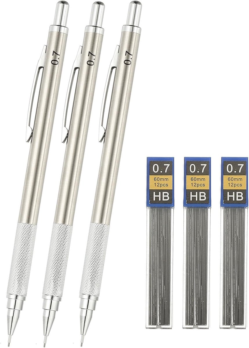 0,7 mm mechanische potloodset met potloodvullingen, metalen tekenpotlood kunstenaar loodhouder voor tekenen schrijven schetsen markering kunst, zilver