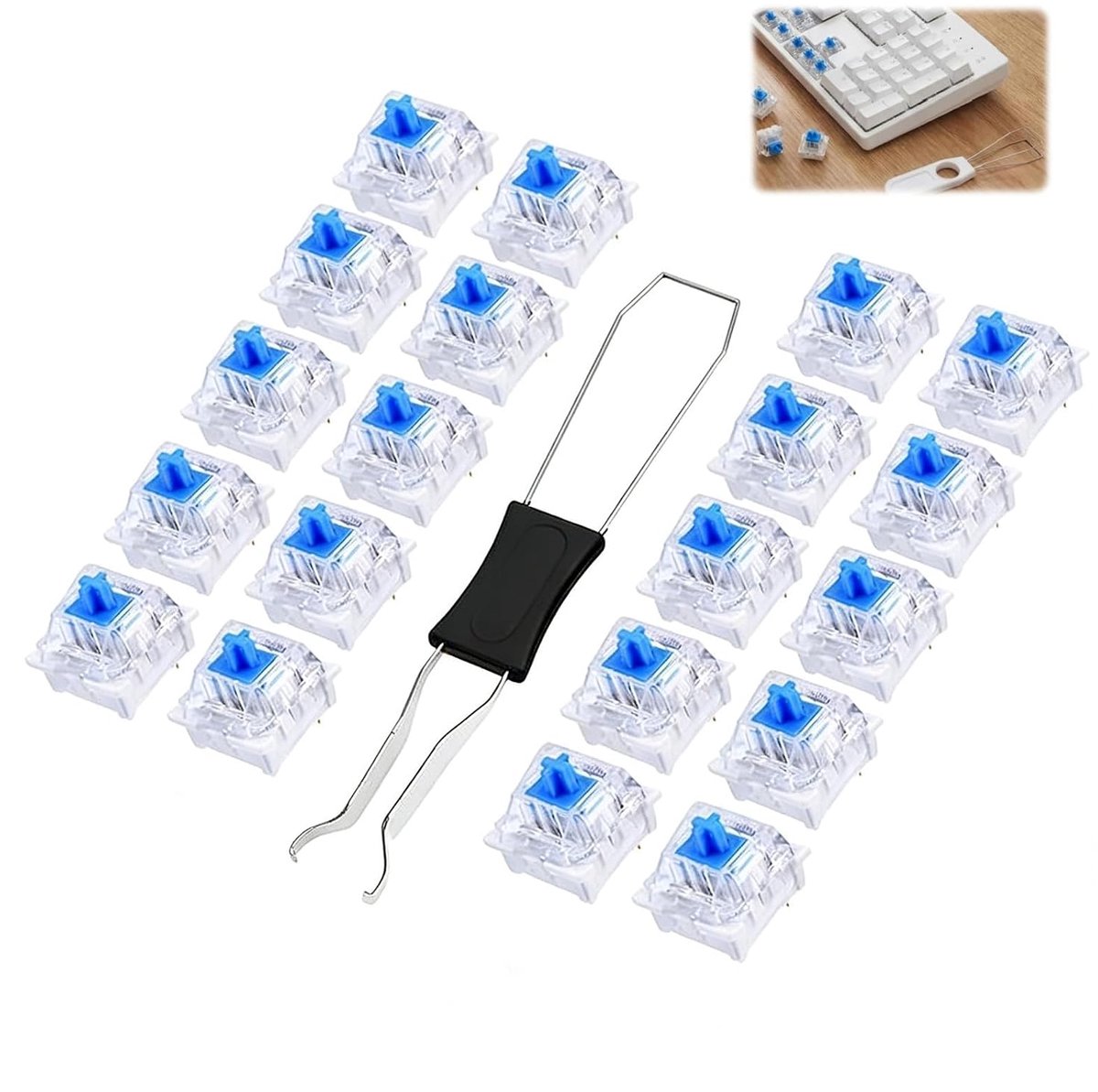 20 stuks blauwe kliktoetsenbordschakelaars met trekker, 3-polige stofdichte klikschakelaars voor mechanisch toetsenbord, geschikt voor gaming-toetsenbord en pc-accessoires, betrouwbaar en duurzaam