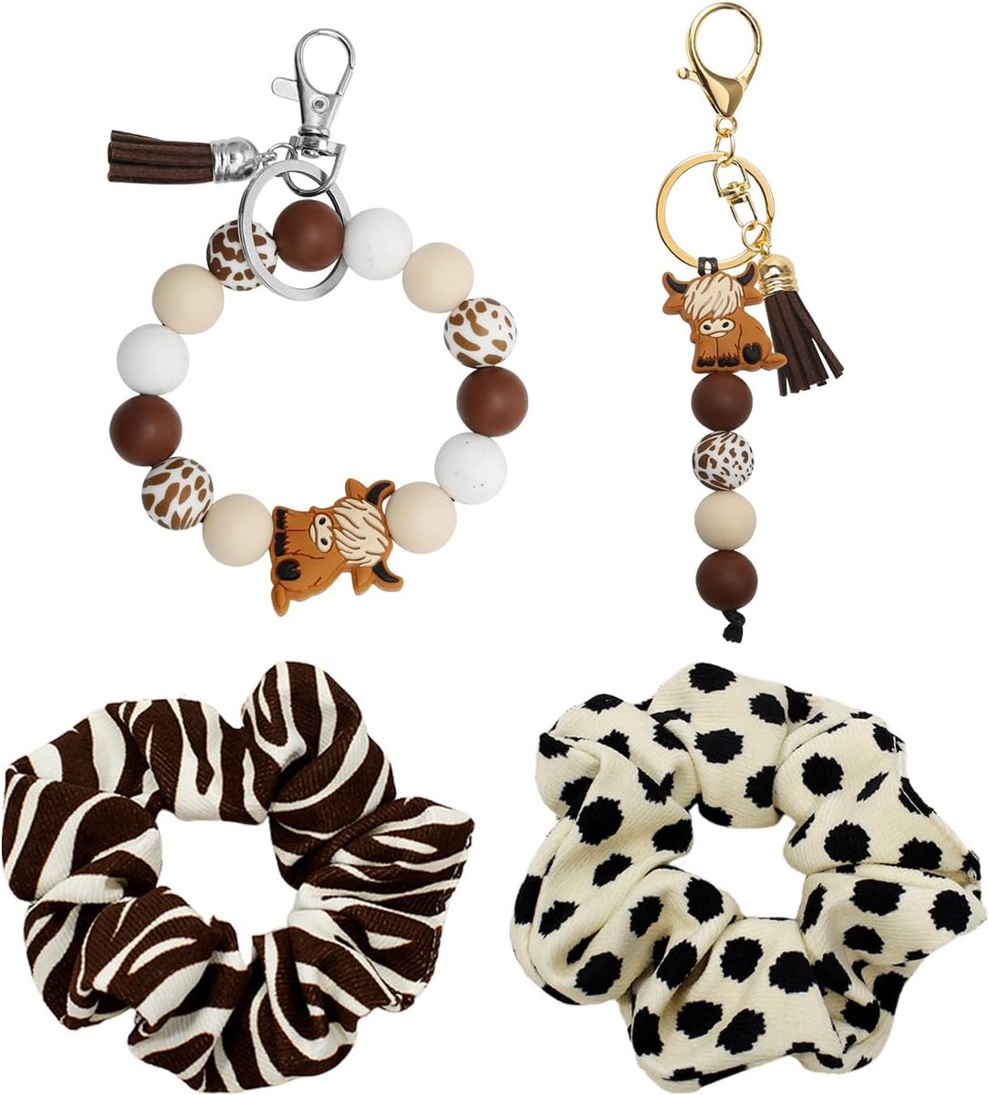 2 Stukken Grappige Highland Cow Sleutelhanger, 2 Luipaard Haar Ringen, Siliconen Parel Sleutelhanger Met Kwastje, Elastische Dames Haar Accessoires.