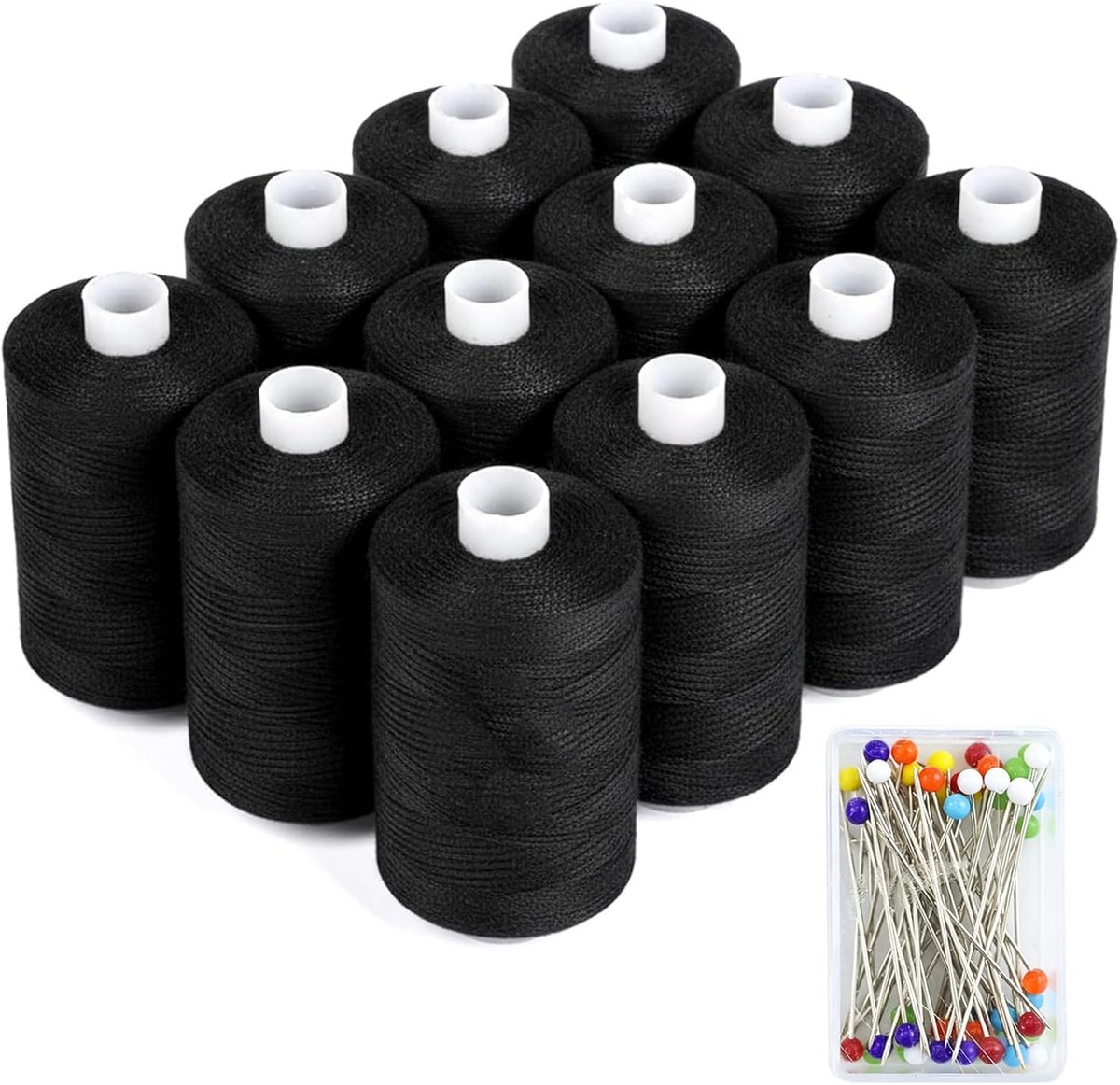 Naaien, 1000 yard zwart garen om te naaien, polyester zwart naaigaren met kleurrijke kaartnagels, zwart garen voor naaimachine handnaaien/handquilten/naaimachines