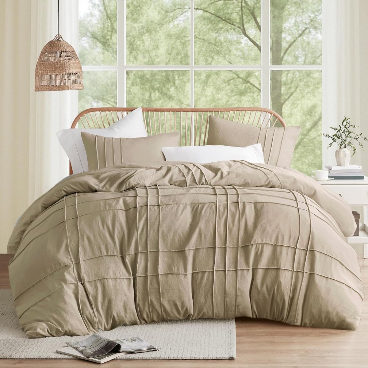 Spaces Kaki kingsize dekbedset - 3-delige Pintuck geplooide beddengoedsets, kingsize, licht, extra zachtheid voorgewassen microvezel kingsize bedset, Shams, King Size