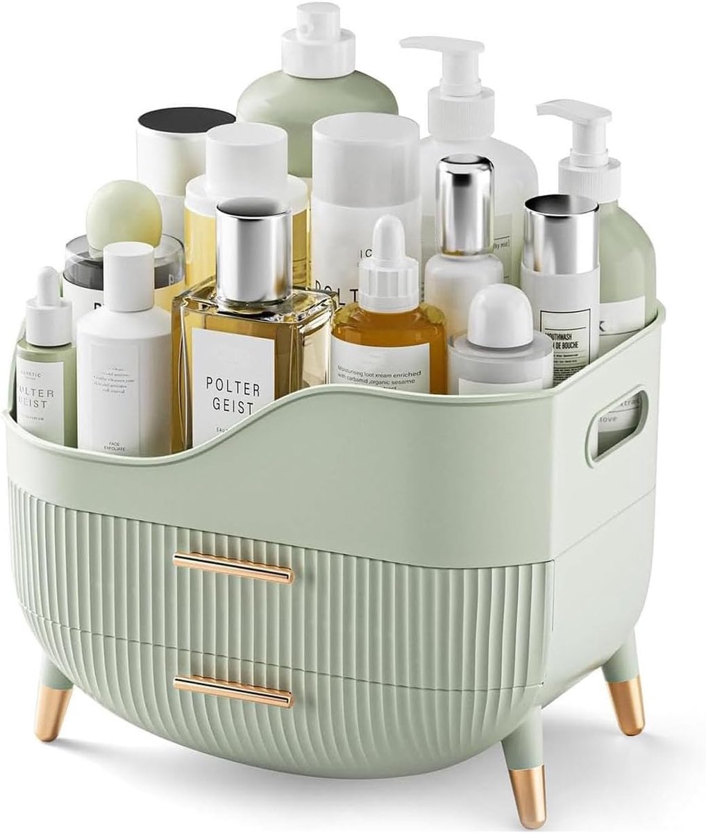Make-up-organizer met laden, huidverzorgingsorganizer met grote capaciteit voor ijdelheid, cosmetische vitrines met handvat voor slaapkamer, badkamer en aanrecht (lichtgroen)