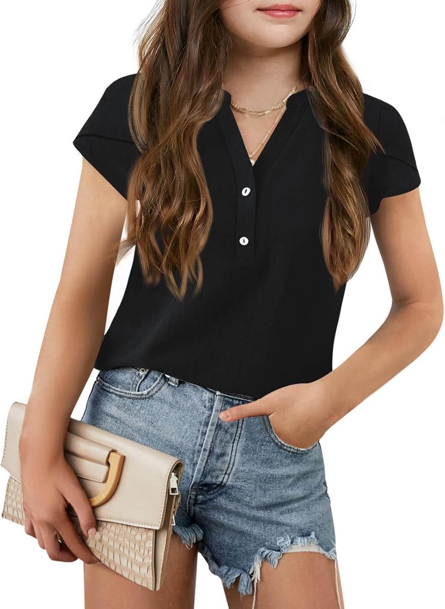 T-shirts Korte Mouw Zomer V-hals Mode Casual Effen Kleur T-shirt voor Kinderen Tops Shirts Zwart 13-14 Jaar