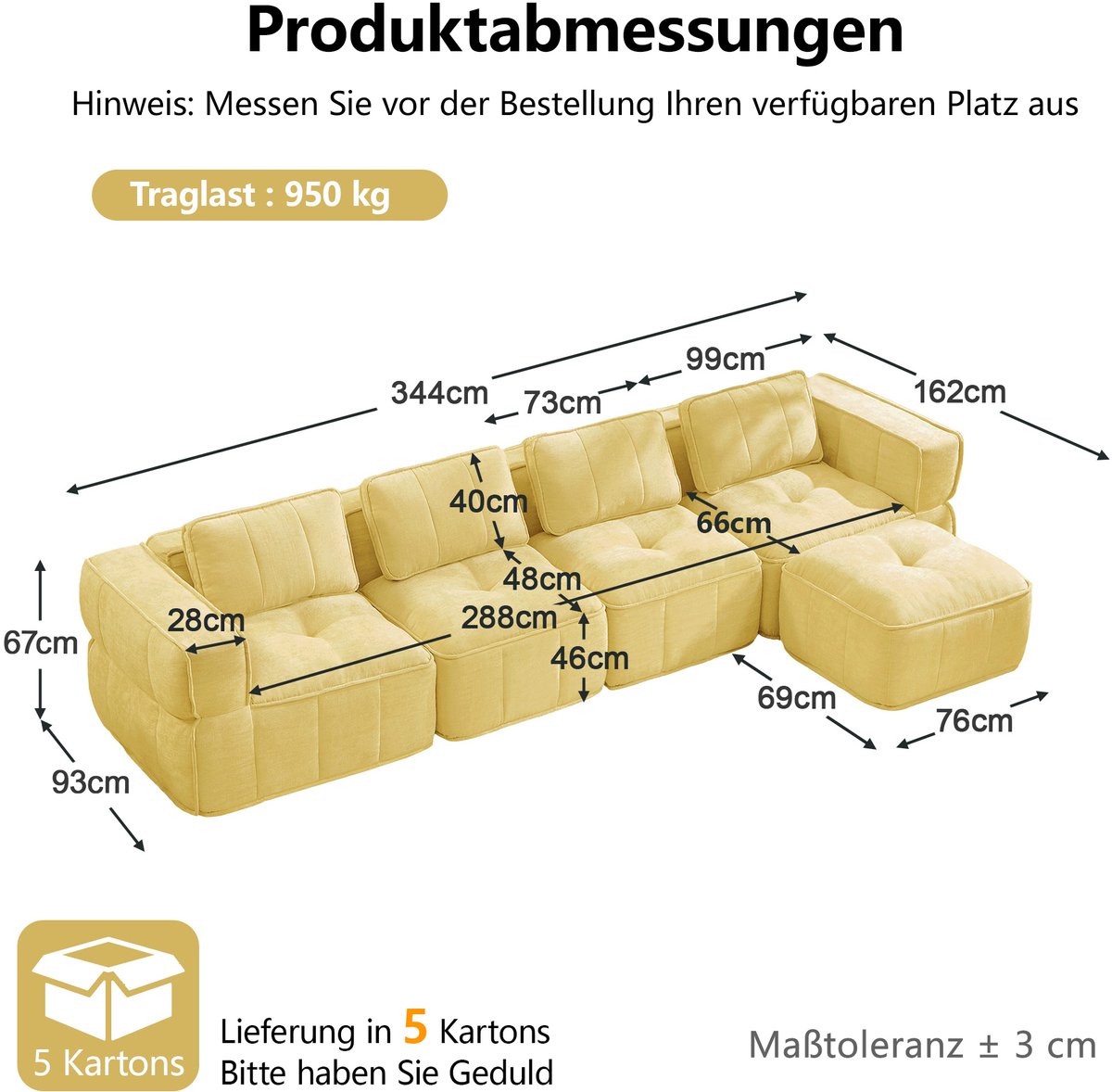 MIVRAY Hoekbank 344 Cm - L-Vormige Modulair Zonder Frame Met Hocker - Voor Woonkamer - Polyester Geel - 32D Schuim