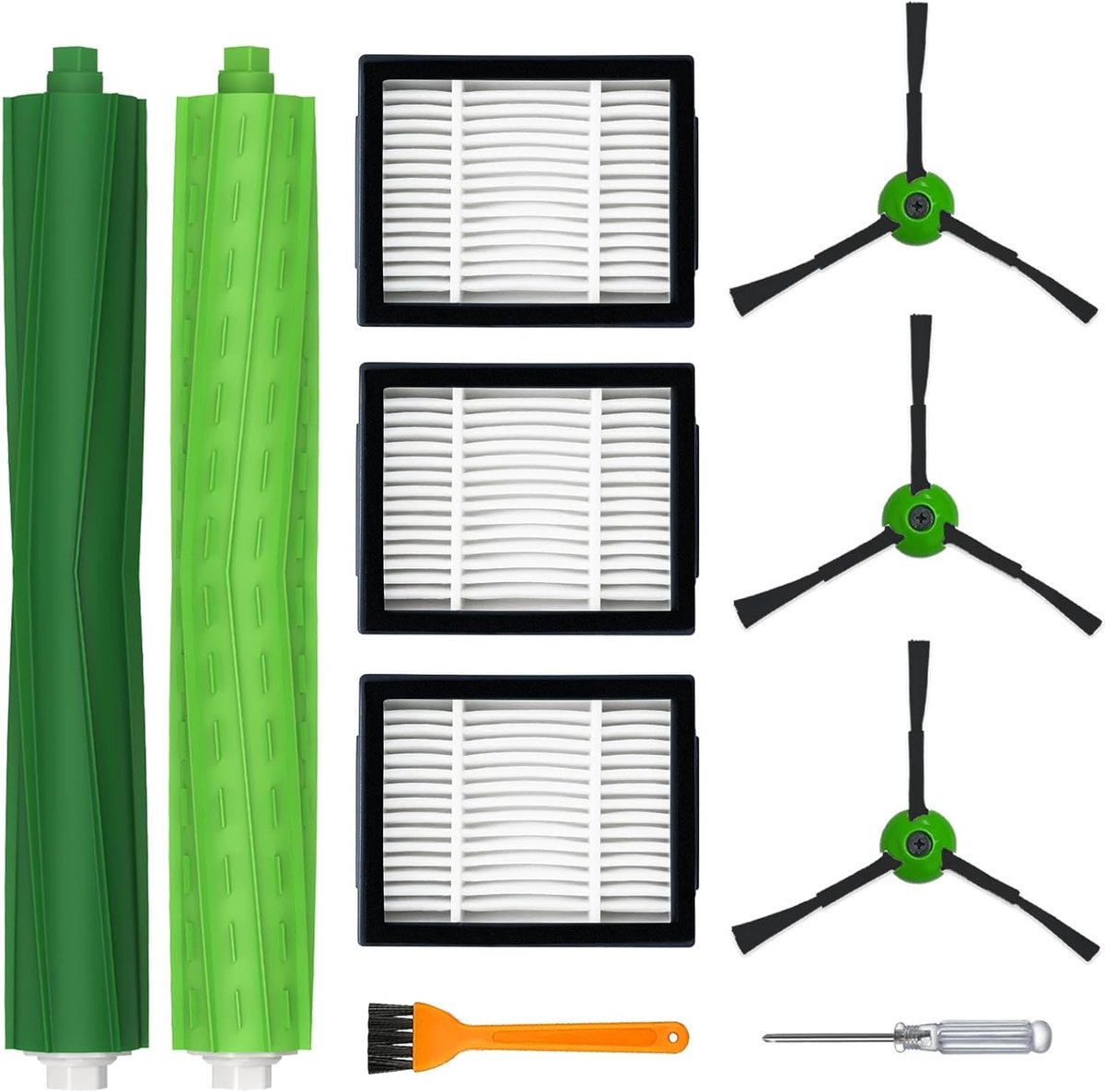 Accessoireset voor iRobot Roomba i7, i7+, i3, i3+, i4, i4+, i6, i6+, i8, i8+, E5, E6, J7, J7+, 1 paar rubberen borstels, 3 filters, 3 zijborstels voor Roomba E/I/J-serie (niet voor