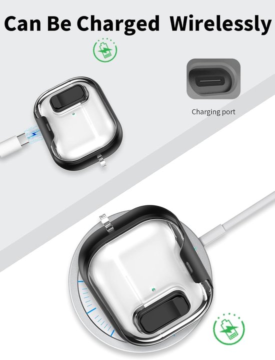 Hoes voor AirPods Pro 3/Pro3 oordopjes, zachte TPU + PC transparante cover, met beugelfunctie, waterdicht, schokbestendig, eenvoudig te dragen, met koord, sleutelhanger en reinigingsset, zwart — afbeelding 4