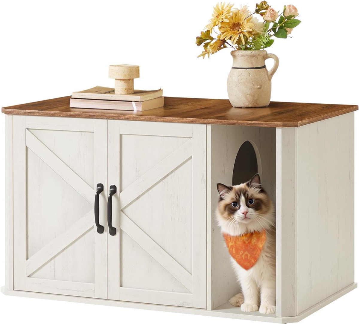 Ploutos® Kattenbak Kast - Kattenbak Ombouw - Kattenkast - Bruin/Wit - 85cm x 49cm x 50cm