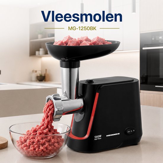 Heinner Elektrische Vleesmolen - Gehaktmolen met RVS mes - 2 snelheden + Reverse-functie - 1340 W - 1,5 kg/min - Inclusief Worst & Kibbe-accessoire - Zwart van Heinner — afbeelding 4