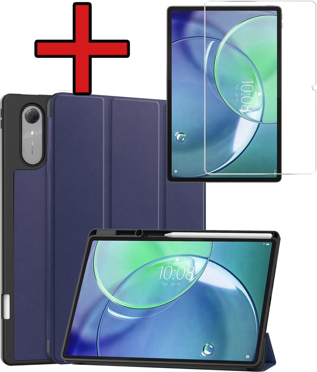 Hoesje - Geschikt voor Lenovo Idea Tab Pro Gen 2 - Met Screenprotector - Trifold Bookcase Hoes - Hard Cover Case - Met Uitsparing Geschikt voor Lenovo Pen - Hardcover Book - Tablethoes - Donkerblauw