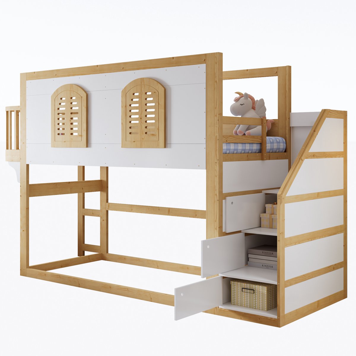 MUVANO Hoogslaper - Kinderbed - Massief Hout - Trapkast - Speelruimte - Raamdesign - Lattenbodem - Veilige Trap - Kinderkamer - 90x200cm - 1 Stuk - Wit Natuur