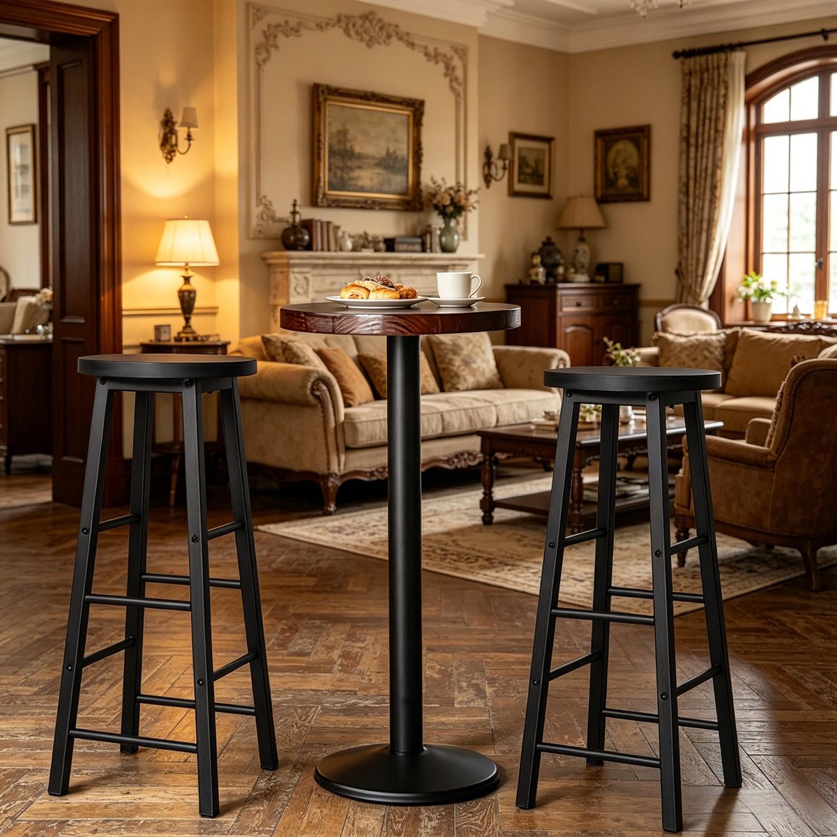 Clruro Bistro Barkruk Set van 2 - Ø30 x 71 cm - met Voetsteun - Industrieel - MDF en Metaal