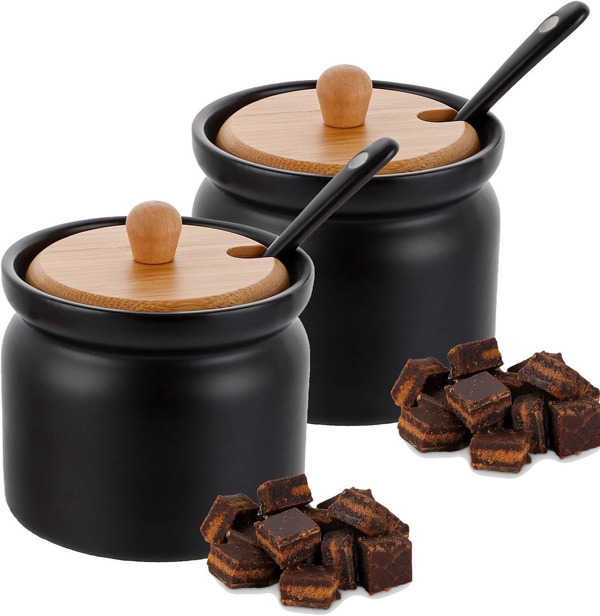 Set van 2 Suikerpotten met Deksel en Lepel - Zwart - 6,8 x 8 cm - Keramiek met Houten Deksel - Voor Keuken en Eetkamer