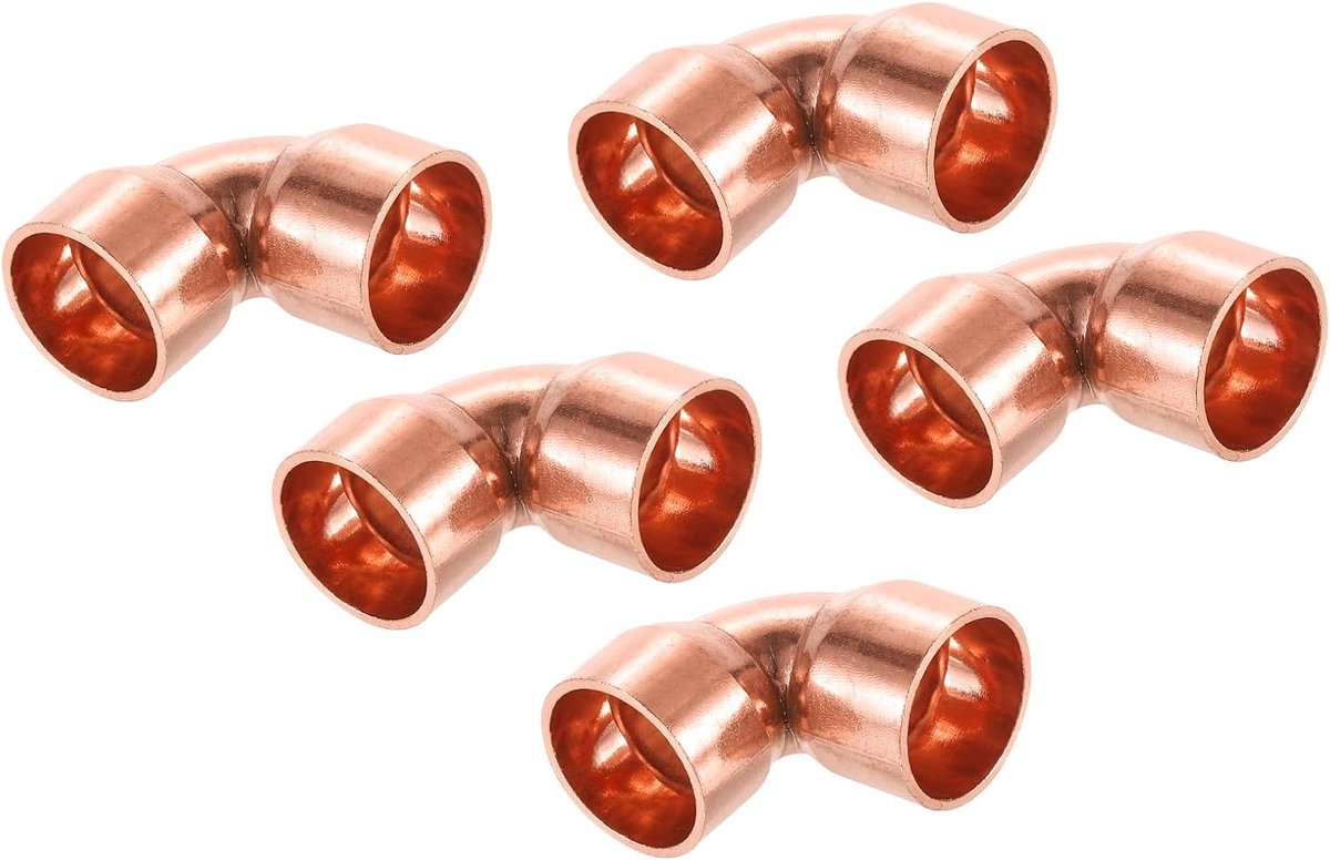 5 stuks 0,75 inch 90 graden hoek curve koperen buisfitting-connectoren met lassoldeeraansluiting voor sanitair, 3,5 x 3,5 x 1,6 cm