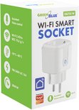 Verpakking van een GreenBlue GB735 W Wi-Fi slimme stekker, met afmetingen en specificaties.