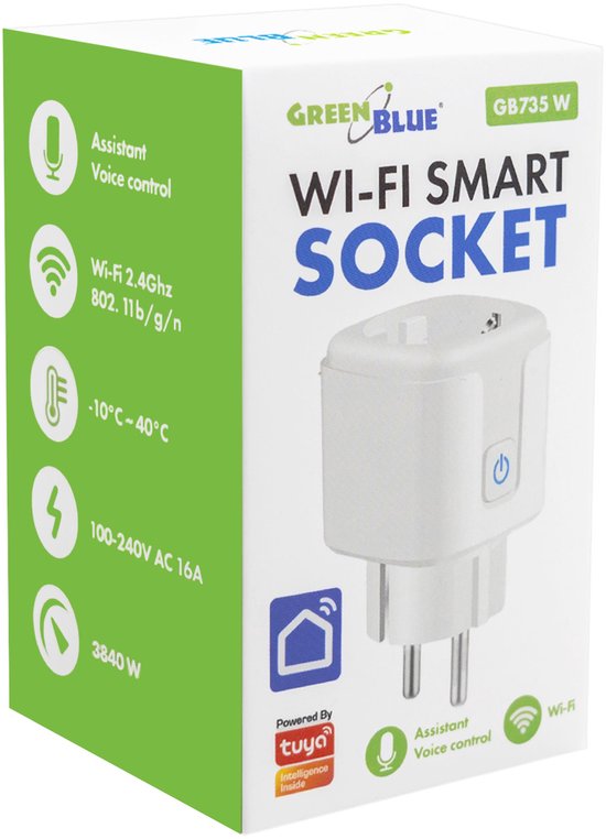 Verpakking van een GreenBlue GB735 W Wi-Fi slimme stekker, met afmetingen en specificaties.