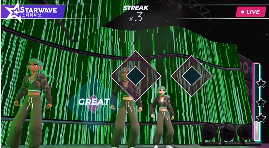 K-Pop Rising game-scherm met drie vrouwen in camouflage outfits voor een groen, lichtgevend scherm.