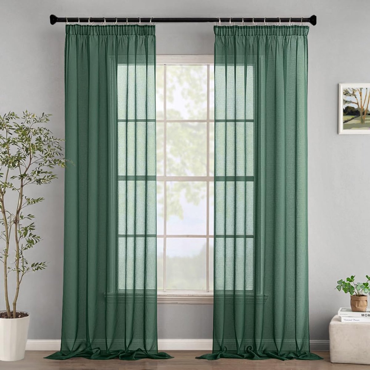 Transparante gordijnen, vitrage met plooiband, moderne decoratieve gordijnen voor slaapkamer, woonkamer, huis, set van 2, 140x245cm, donkergroen