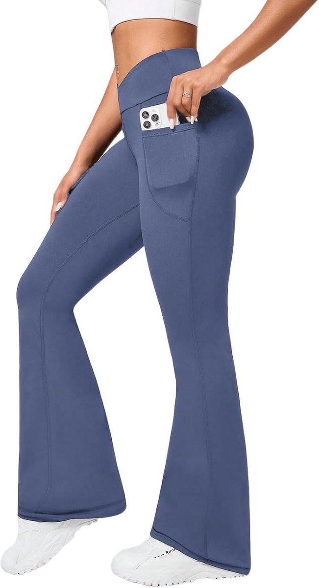 Yogabroek voor dames, uitlopend, gekruiste hoge taille, sportbroek, bootcut broek met zakken, yogabroek, fitness, dans, joggingbroek