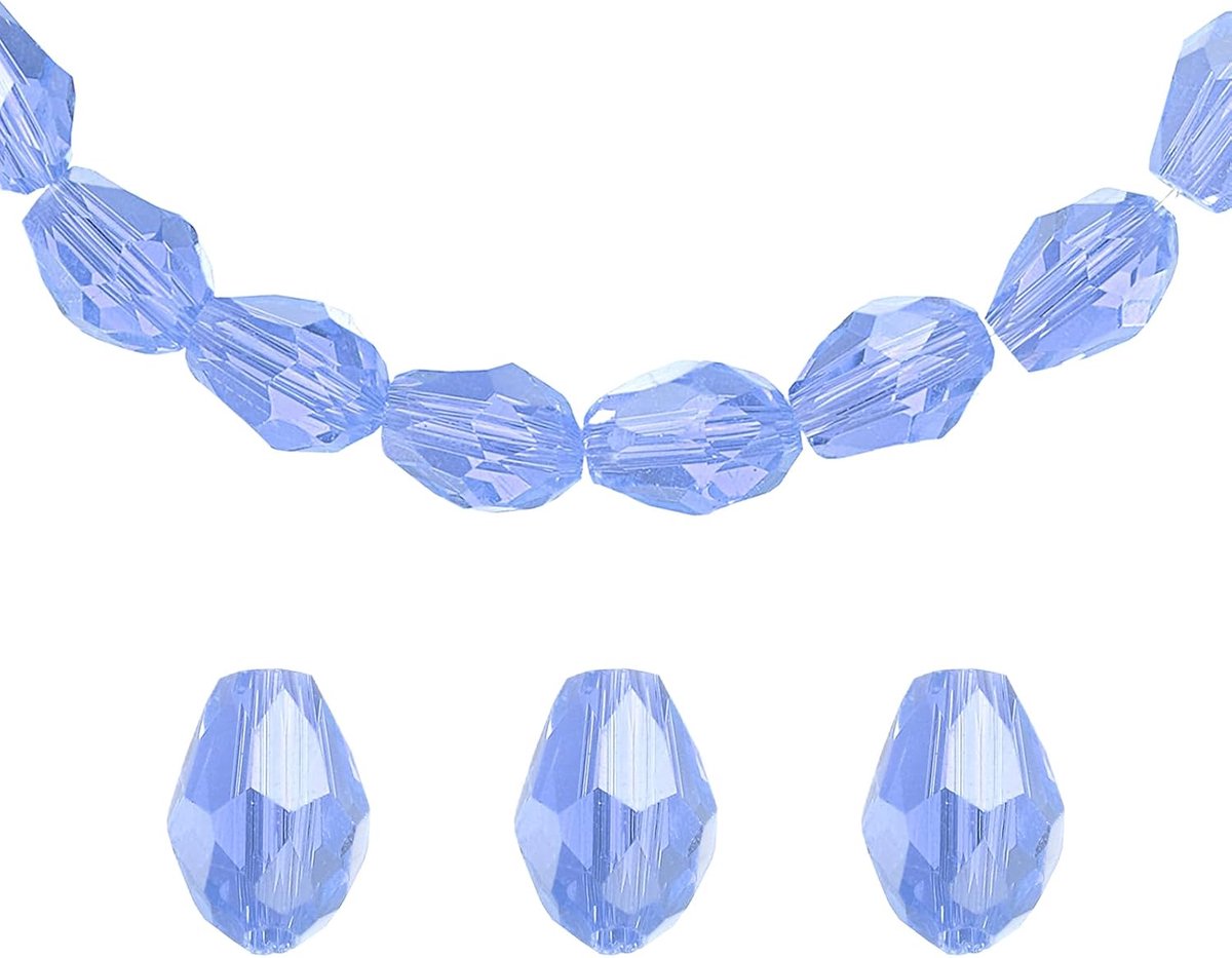 Kralen in druppelvorm, 6 x 8 mm, verticaal gat, tussenkralen, facetgeslepen glas, voor halsketting, armband, sieraden, lichtblauw, 100 stuks