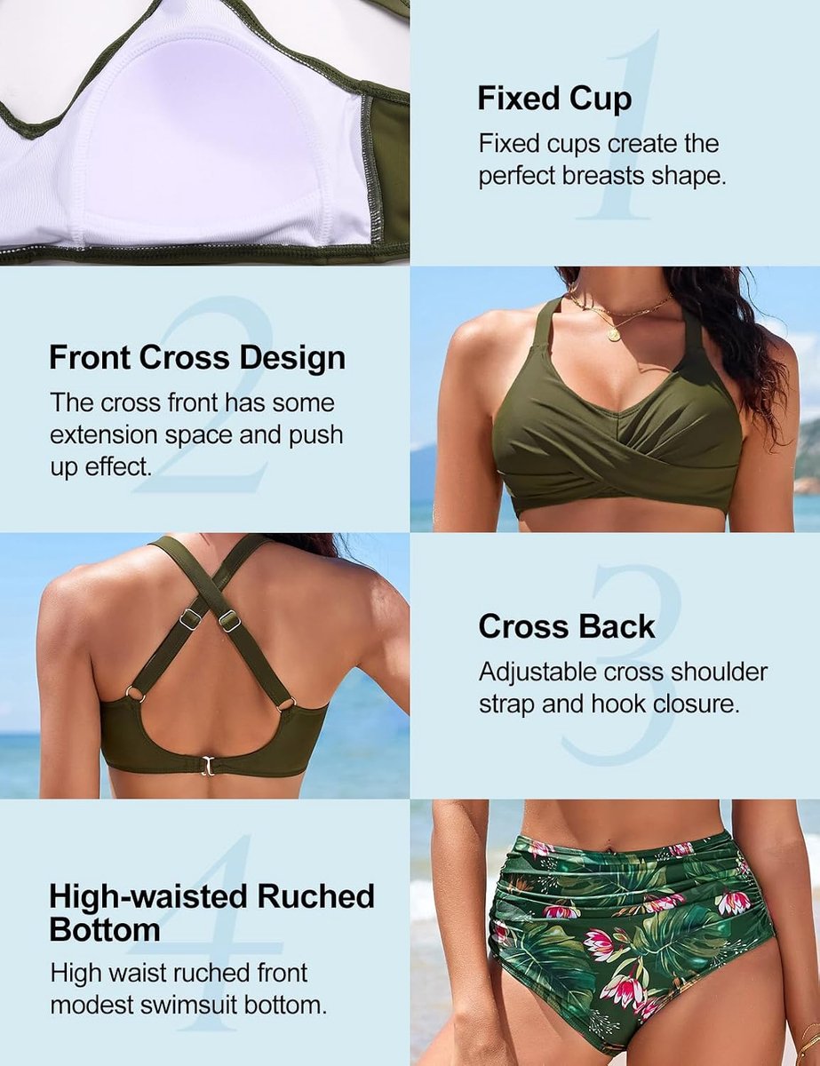 Sets voor dames, buikcontrole, badpak voor dames, 2-delig, met V-hals, gekruiste bikinitopjes en bikinibroekje met hoge taille