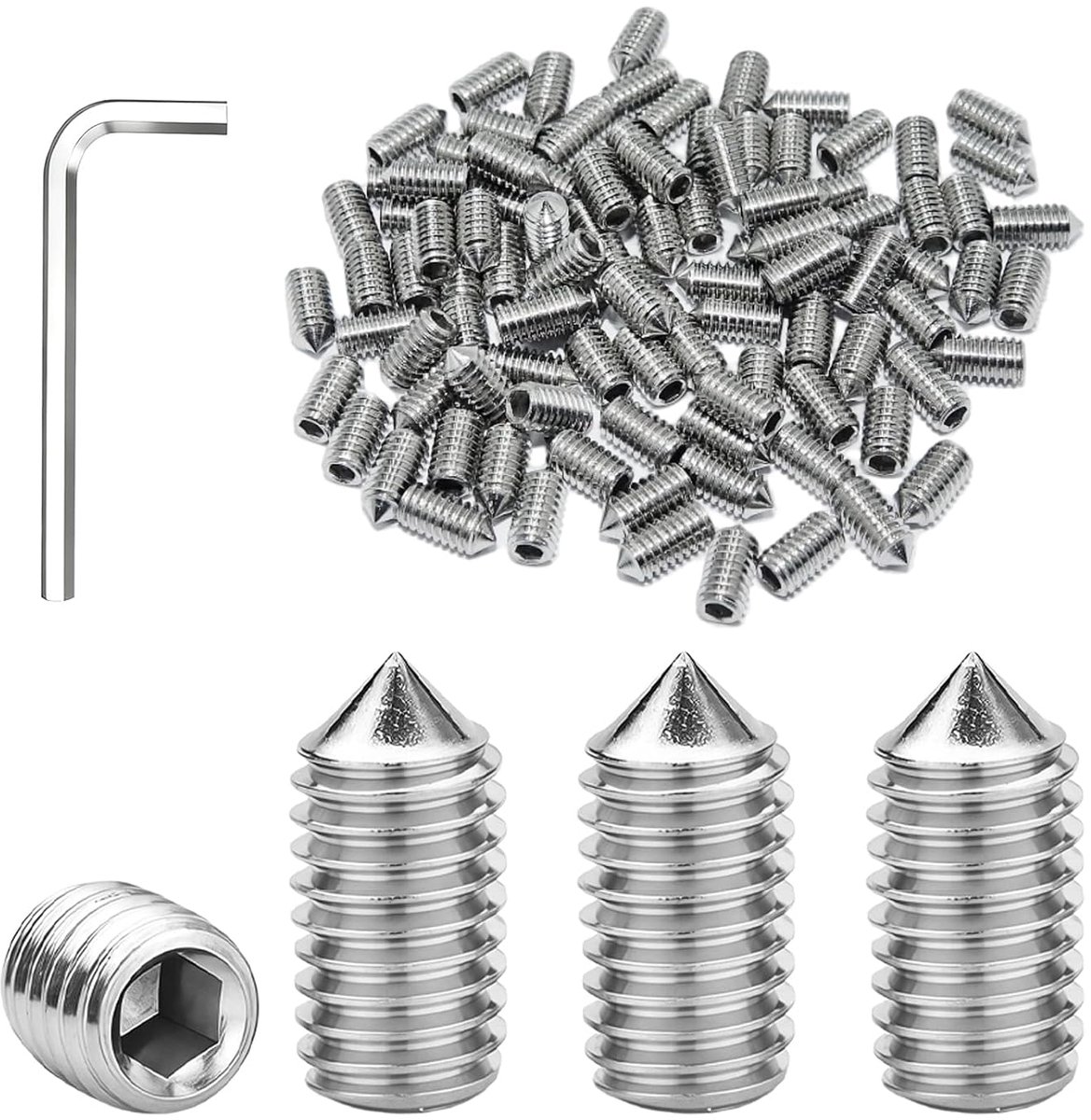 X 8 mm roestvrijstalen schroeven, kegelpunt, 100 stuks | Inbusschroeven met inbussleutels, schroefdraadstangschroeven, wormschroevenset voor deurgrepen, meubelreparatie