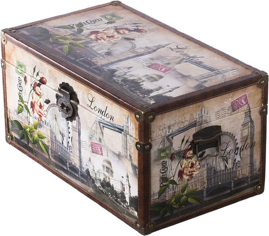 SJ08551 New York, Parijs, Italië, Houten kist met kunstleer overtrokken Schatkist (maat L 49cm x 28cm x 25cm London) — afbeelding 3