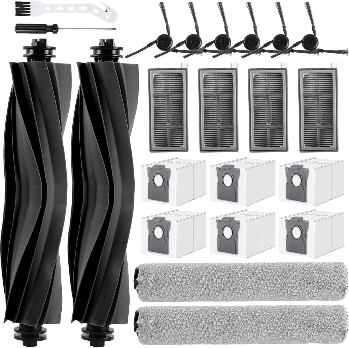 20 stuks accessoires voor Mova S70 Roller / S70 Ultra Roller robotstofzuiger, reserveonderdeel met 2 hoofdborstels, 4 stofzakken, 4 filters, 2 dweilrollen, 6 zijborstels, 1 reinigingsborstel, 1