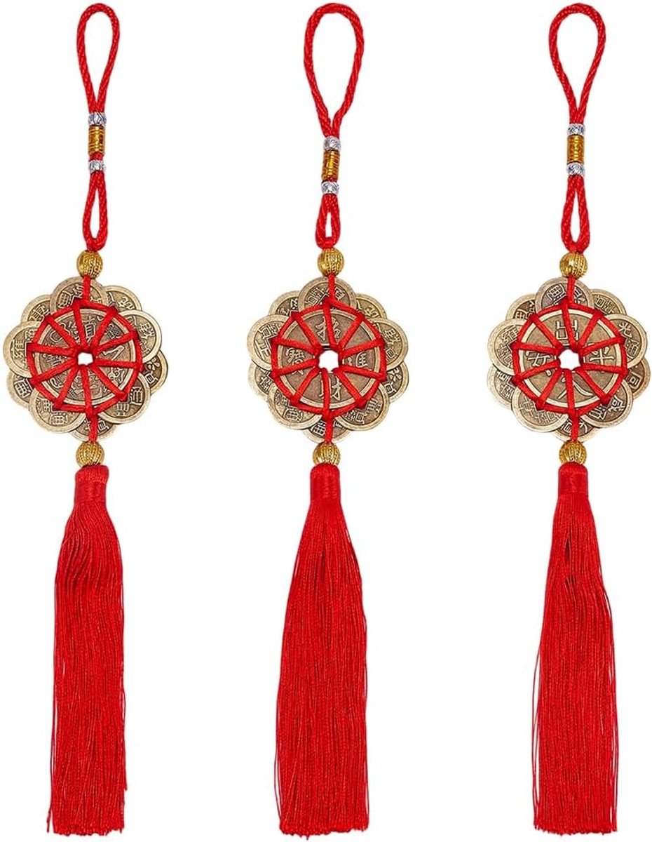 3 stuks Feng Shui geluksbrengers, tien keizers, munthangers met rode kwastjes, kantoor, slaapkamer, auto, hangende ornamenten