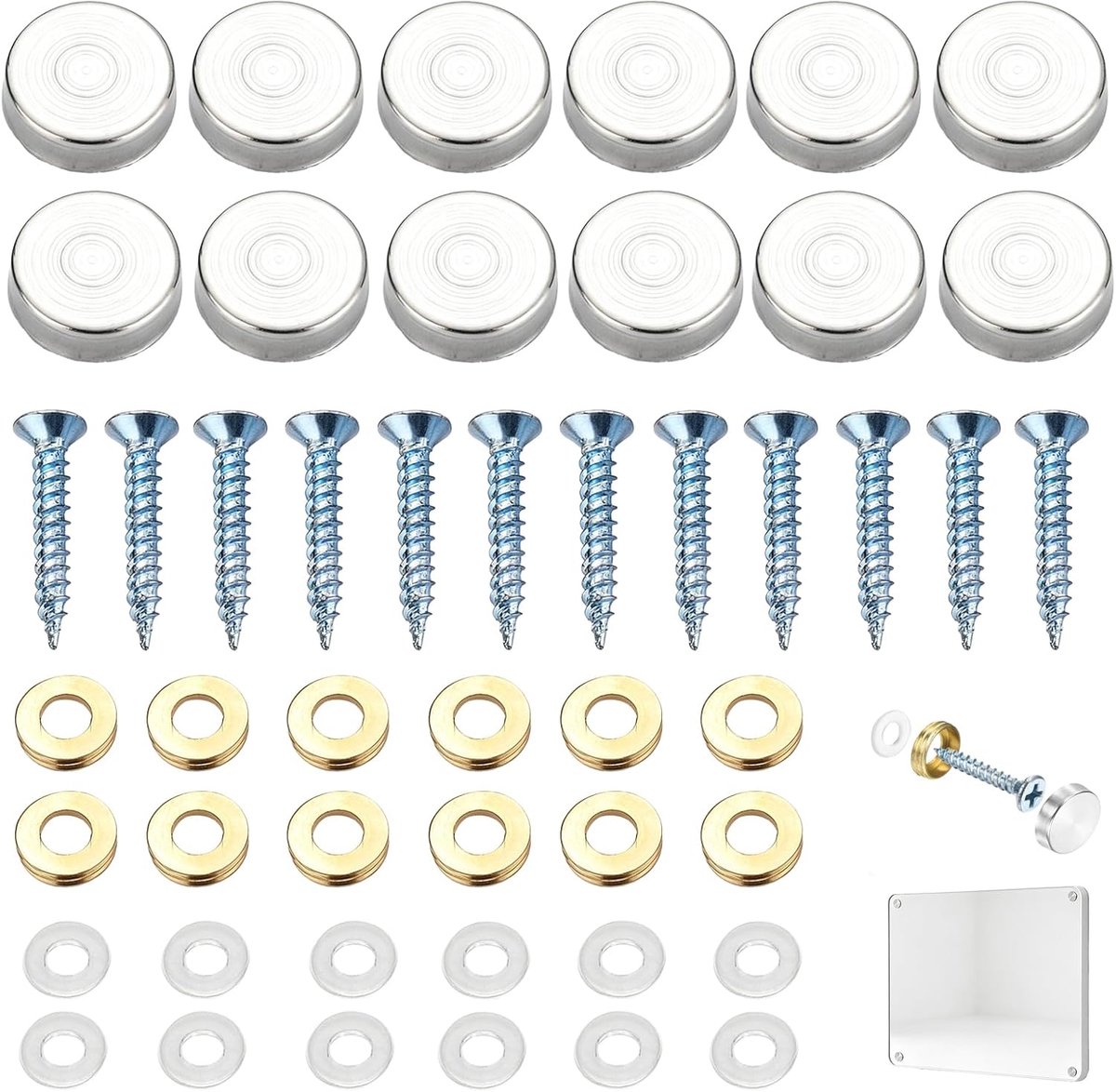 12 sets spiegelschroeven 16 mm met doppen, roestvrijstalen sierschroeven met kruisschroef, koperen ring en rubberen ring voor spiegel, glas, acryl, hout en borden