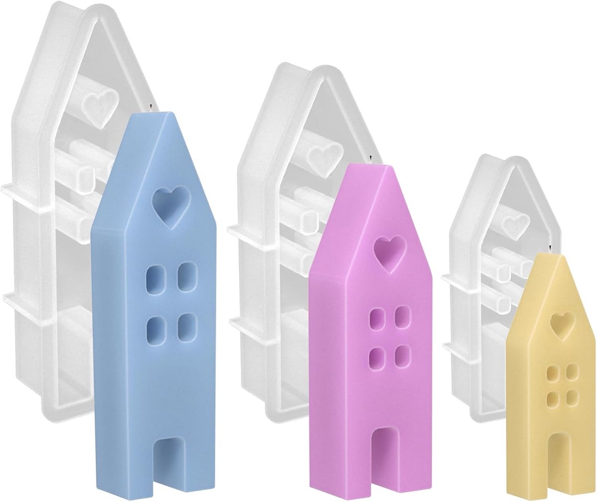 Mal kandelaarset, siliconen vorm huis met venster, kaarsenhouder, epoxyhars, huis, siliconen vorm, kaarsvormen voor sojawas, kaarsen, zeep, gips, handwerk (3 stuks)