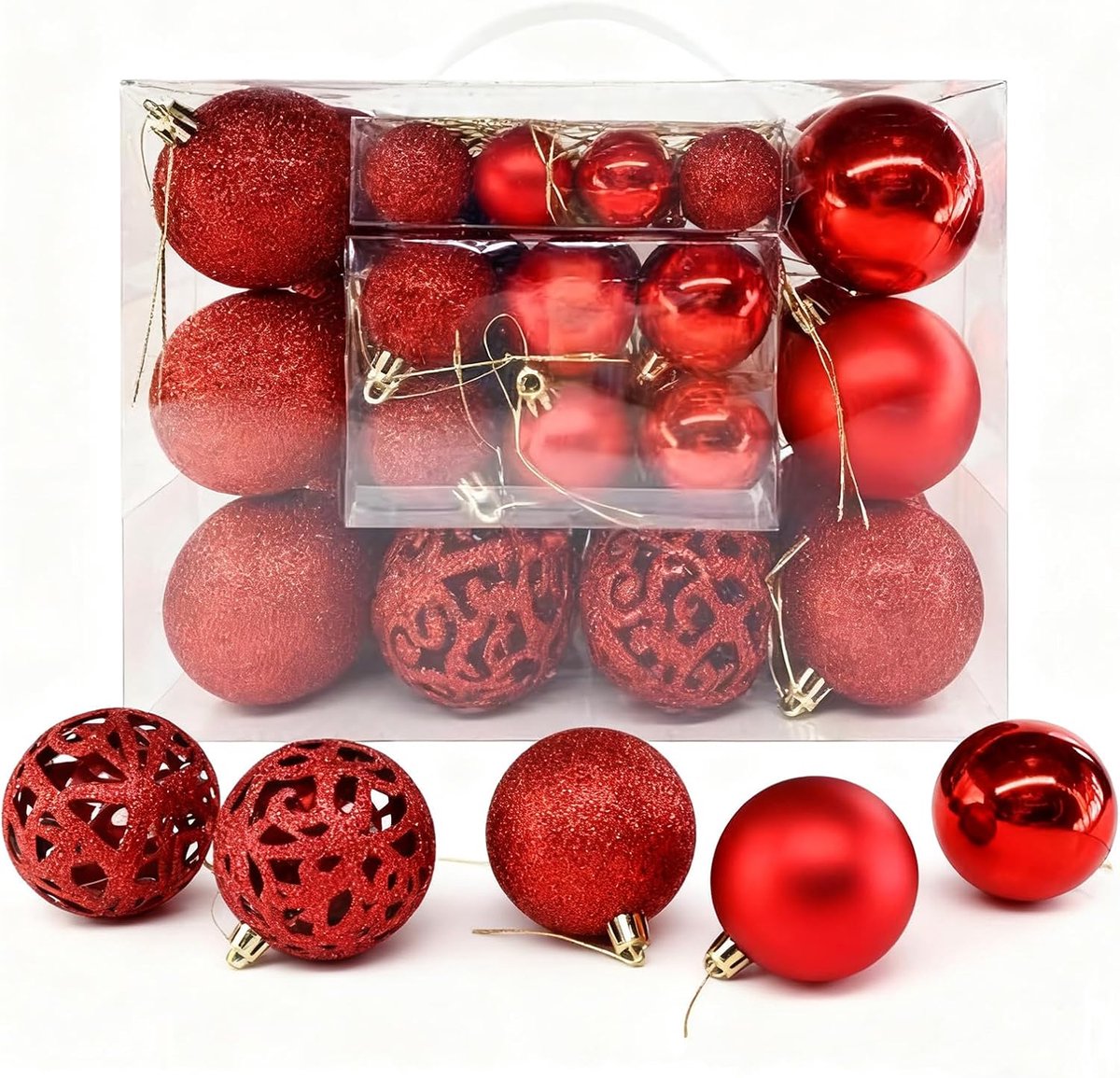 Kerstballen, 50 stuks, kerstboomversiering van kunststof, mat, glanzend en glitter, onbreekbaar en licht, decoratie voor kerstboom, binnen en buiten (3/4/6 cm)