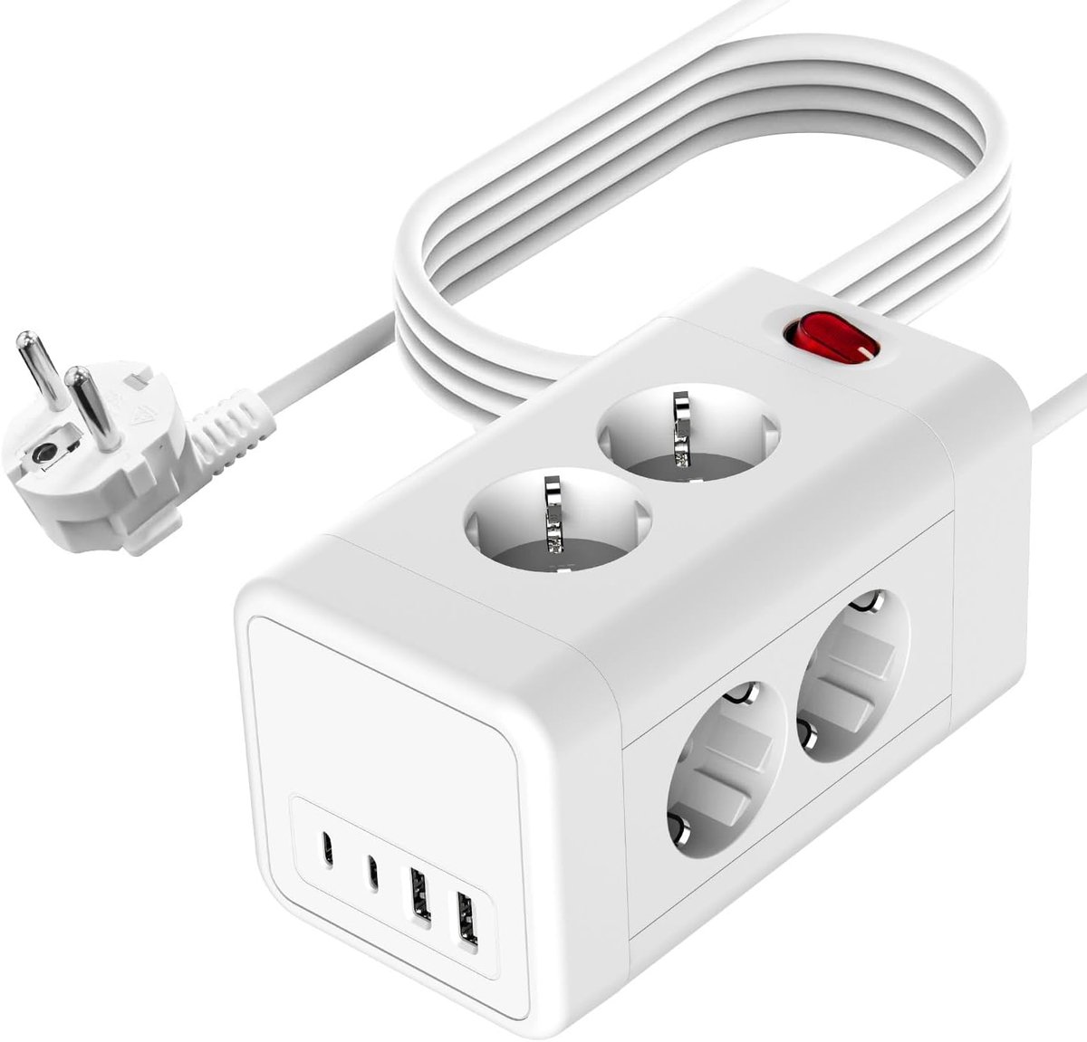 8-voudige stekkerdoos met USB-C en schakelaar, overbelastingsbeveiliging en 2 m kabel, 16 A, 3680 W, voor kantoor en thuis, wit