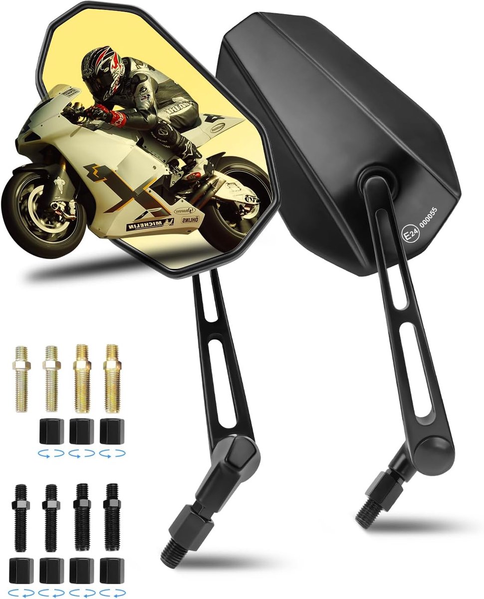 Motorfietsspiegels Stuur Spiegels Motorfiets Achteruitkijkspiegels E-MARK Gele Lens 360° Verstelbaar met M8/M10 Draadbouten voor ATV Scooter Cruiser 2-Pack