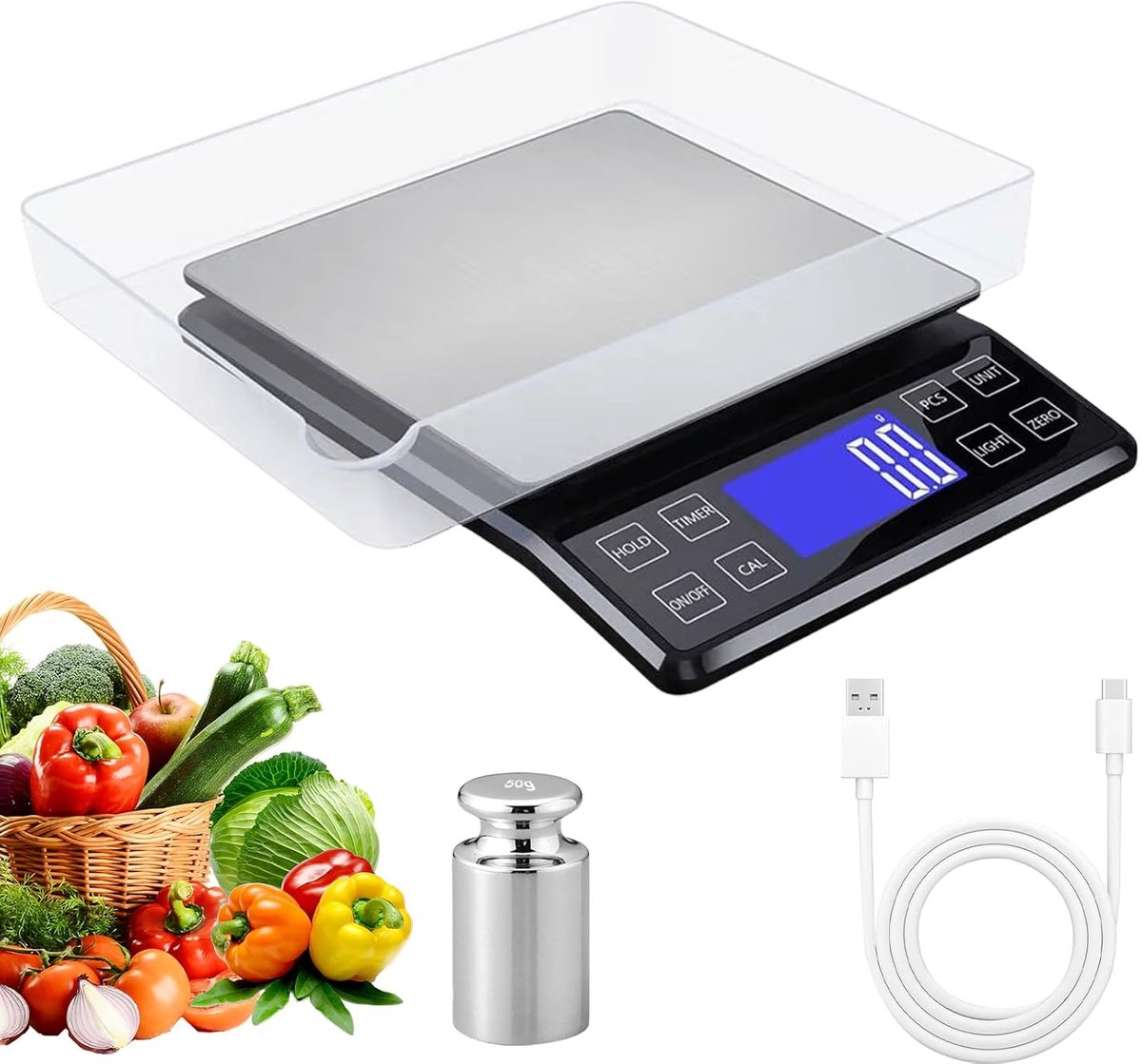 Digitale keukenweegschaal, 0,1 g/5 kg, zeer nauwkeurige keukenweegschaal, USB-oplaadbaar, roestvrij staal, weegplatform met dienblad, geschikt voor levensmiddelen, koken, zwart