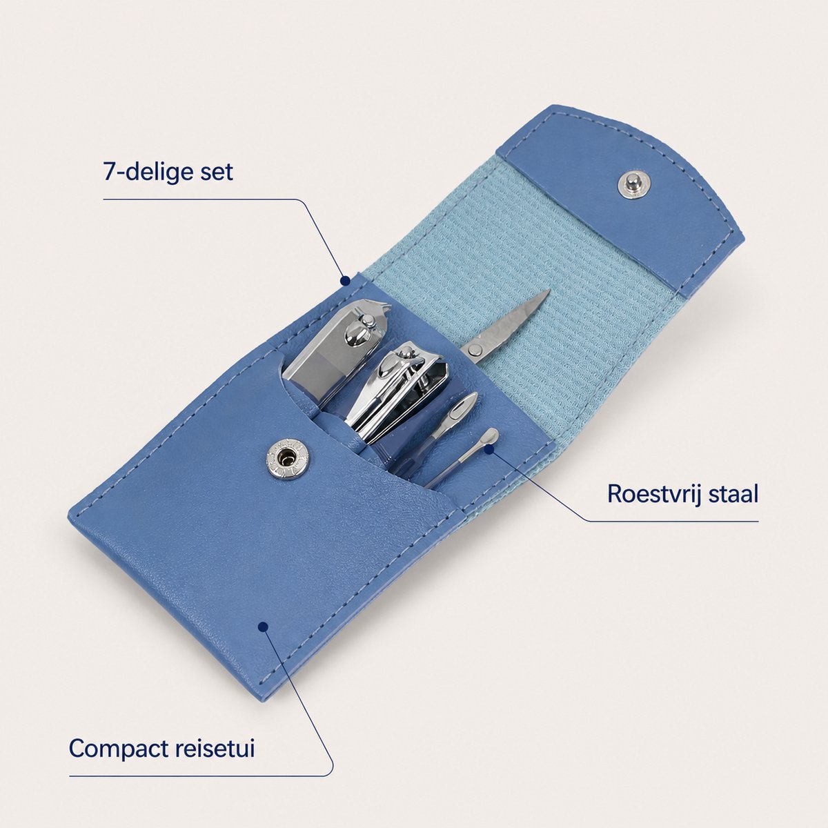 Manicureset 7-delig - RVS nagelverzorging - blauw reis etui