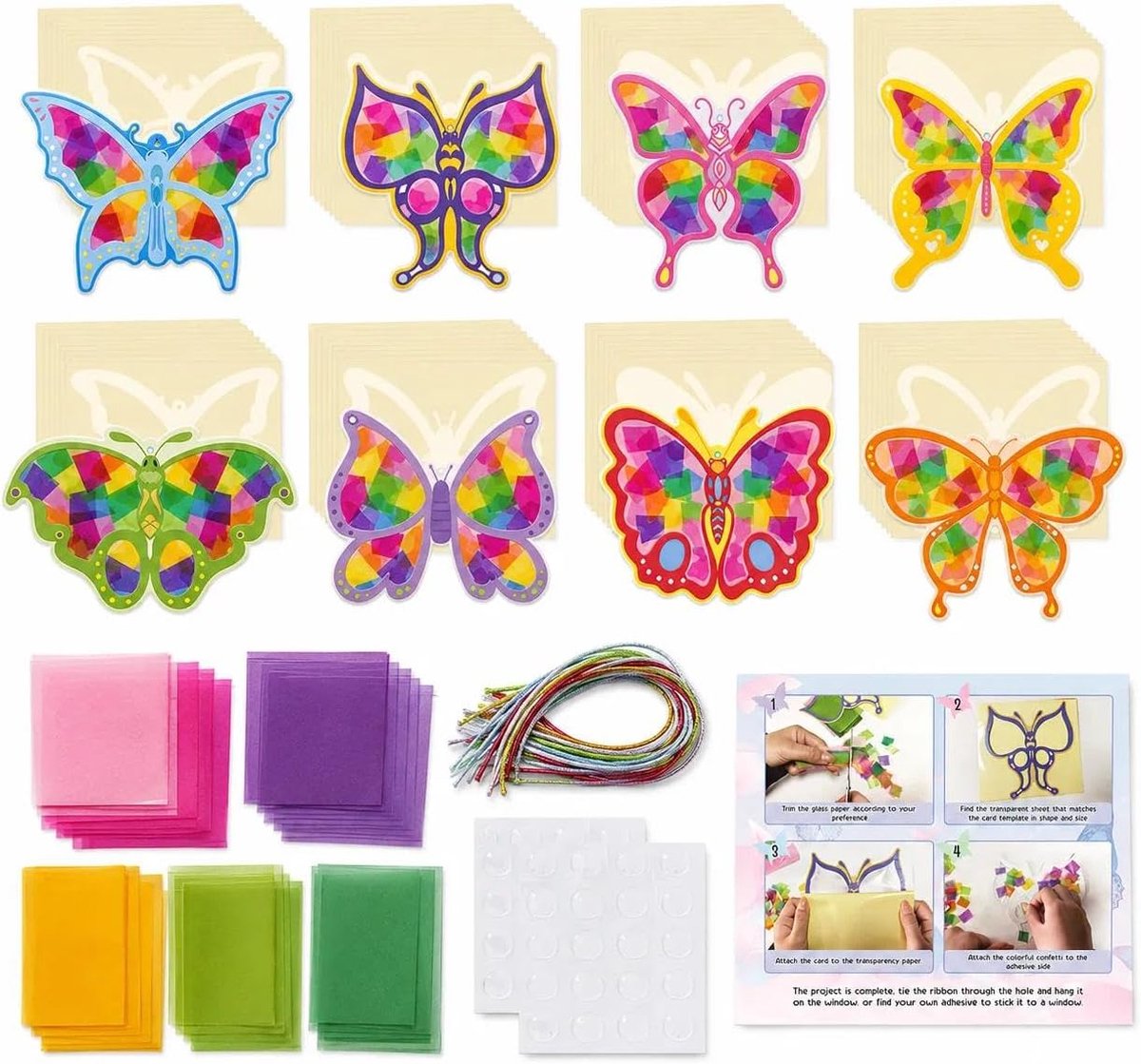 Window Color Set kinderen - 24 stuks vlinders knutselen, raamafbeeldingen met raamkleur & raamfolie, incl. 7 kleuren confetti, doe-het-zelf decoratieve knutselset
