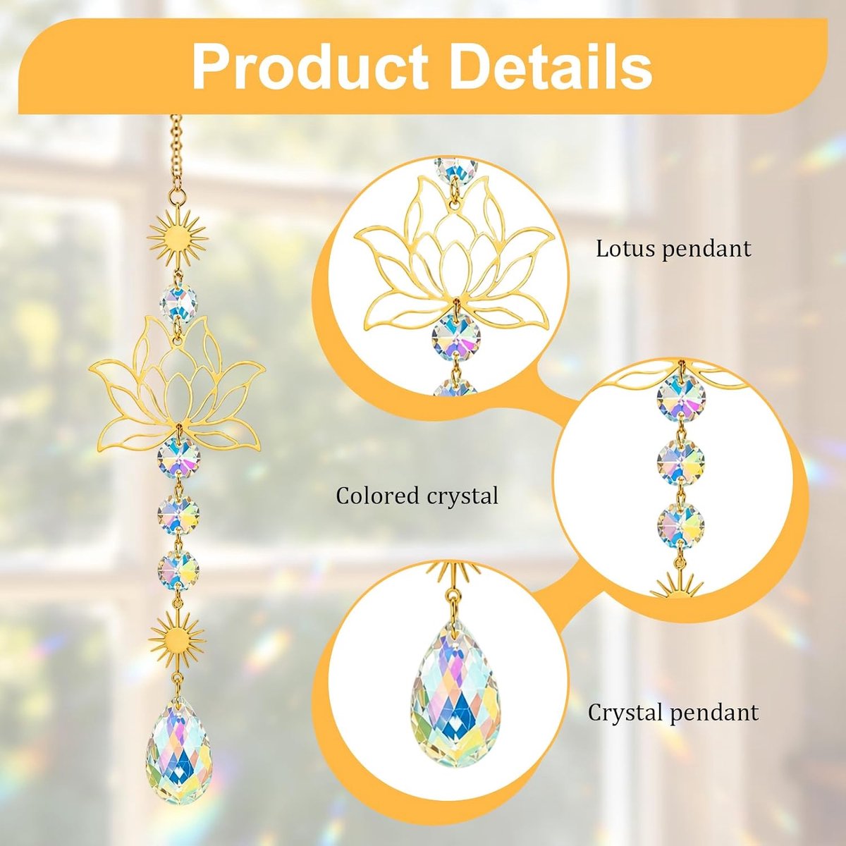 Zonnevanger kristal, suncatcher regenboogeffect, lotusbloemen, windgong voor buiten, hangend, lichtvanger, raamdecoratie, hangend voor thuis, kantoor, tuin, balkon, outdoor, decoratie, cadeau
