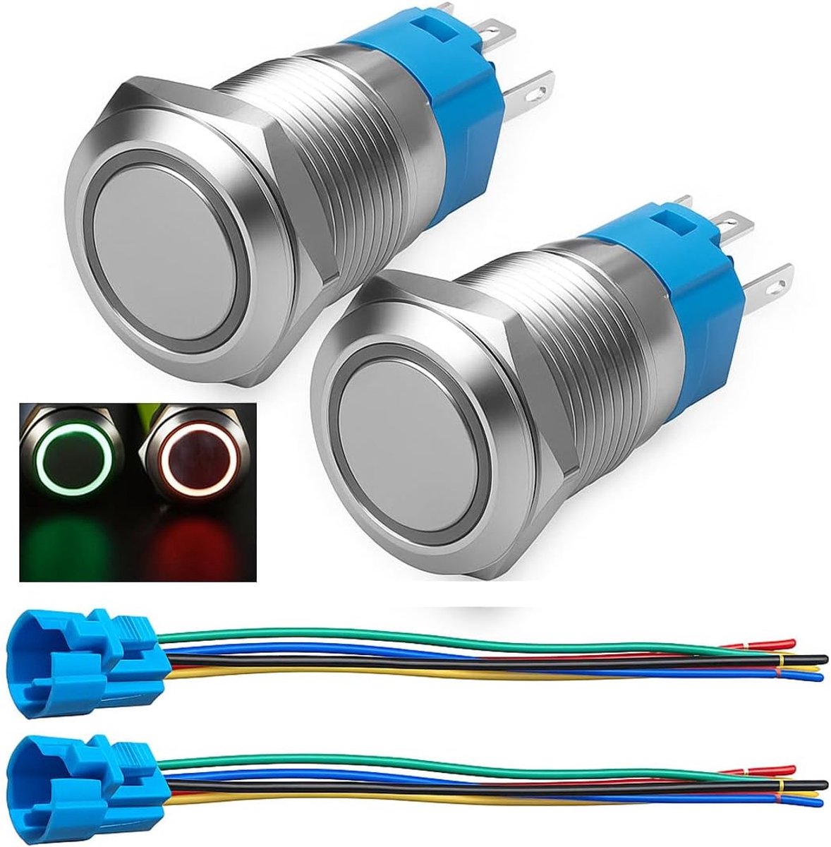 2 stuks 16mm Momentane Drukknop met Draadaansluiting 1NO 1NC SPDT Aan/Uit Metaal Waterdicht IP65 Zelfherstellende, 3A/110V-230VAC(Rode en Groene LED)