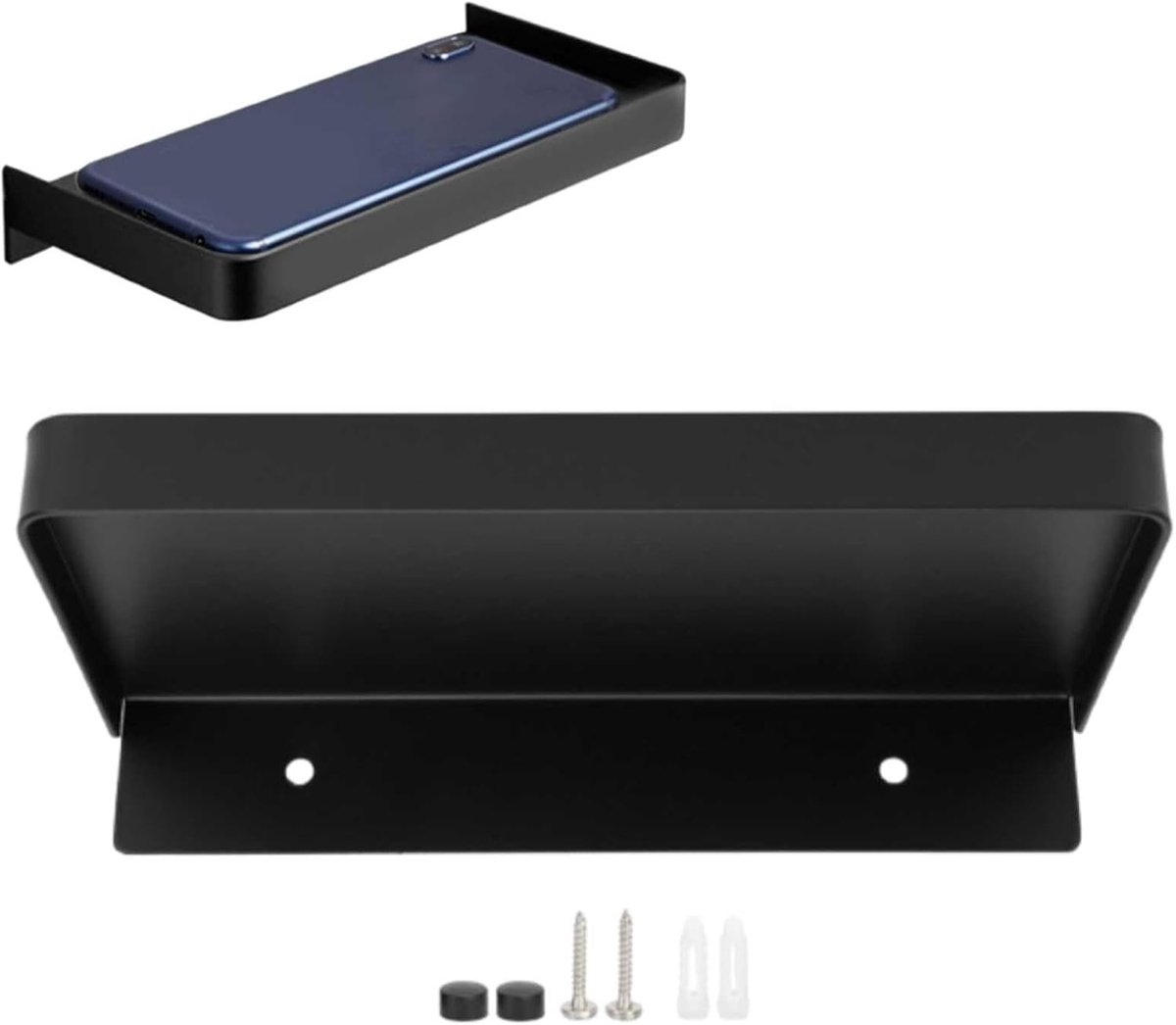Zwevende wandplanken, badkamer telefoon plank, toilet mobiele telefoon houder, roestvrij staal badkamer lade, muur bevestiging, 185 x 90mm (zwart)