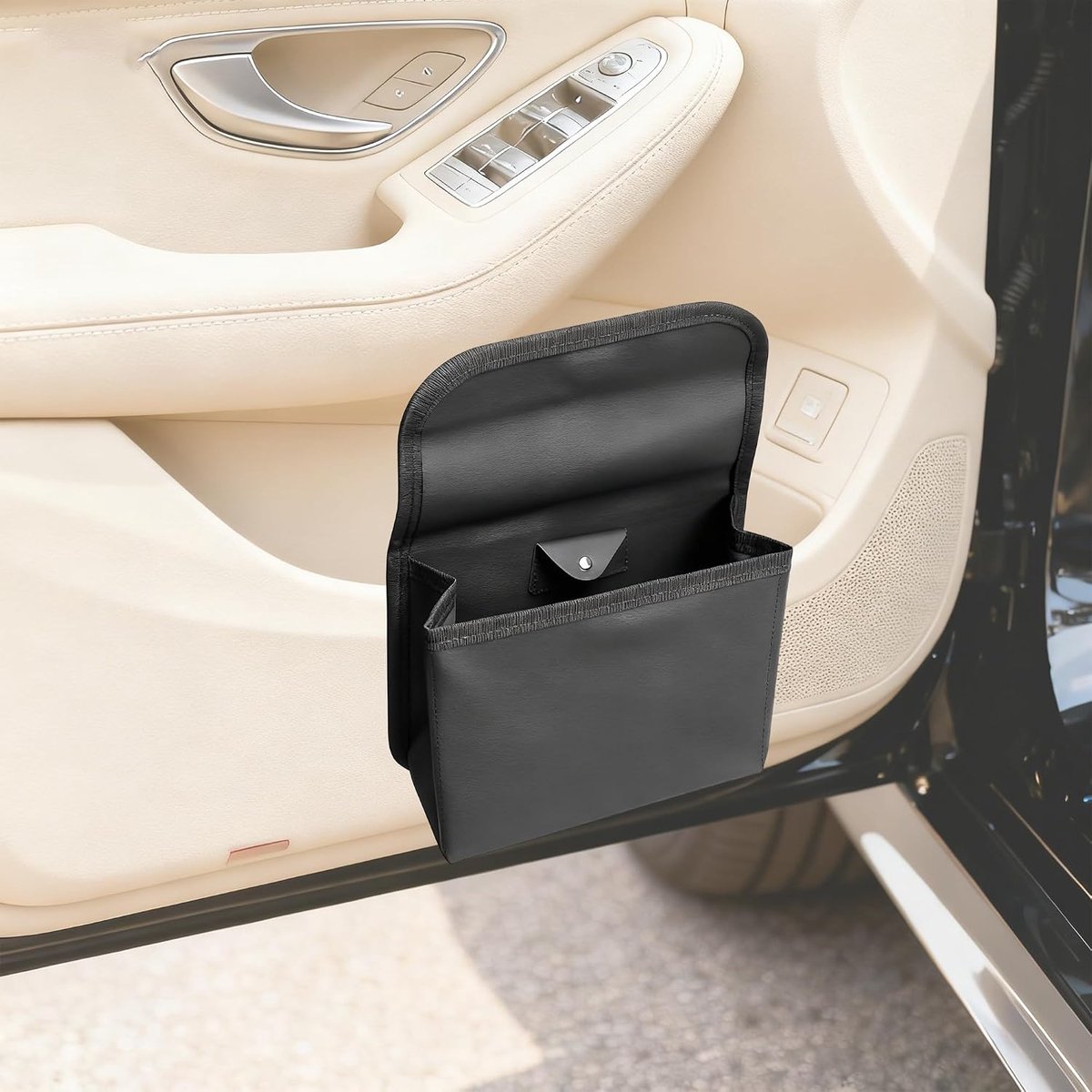 Car Organizer Bin met deksel, opvouwbare en waterbestendige auto-bak, draagbare lederen auto-bak prullenbak gemakkelijk te hangen, voor opslag en organisatie auto-accessoires, zwart (19 * 14