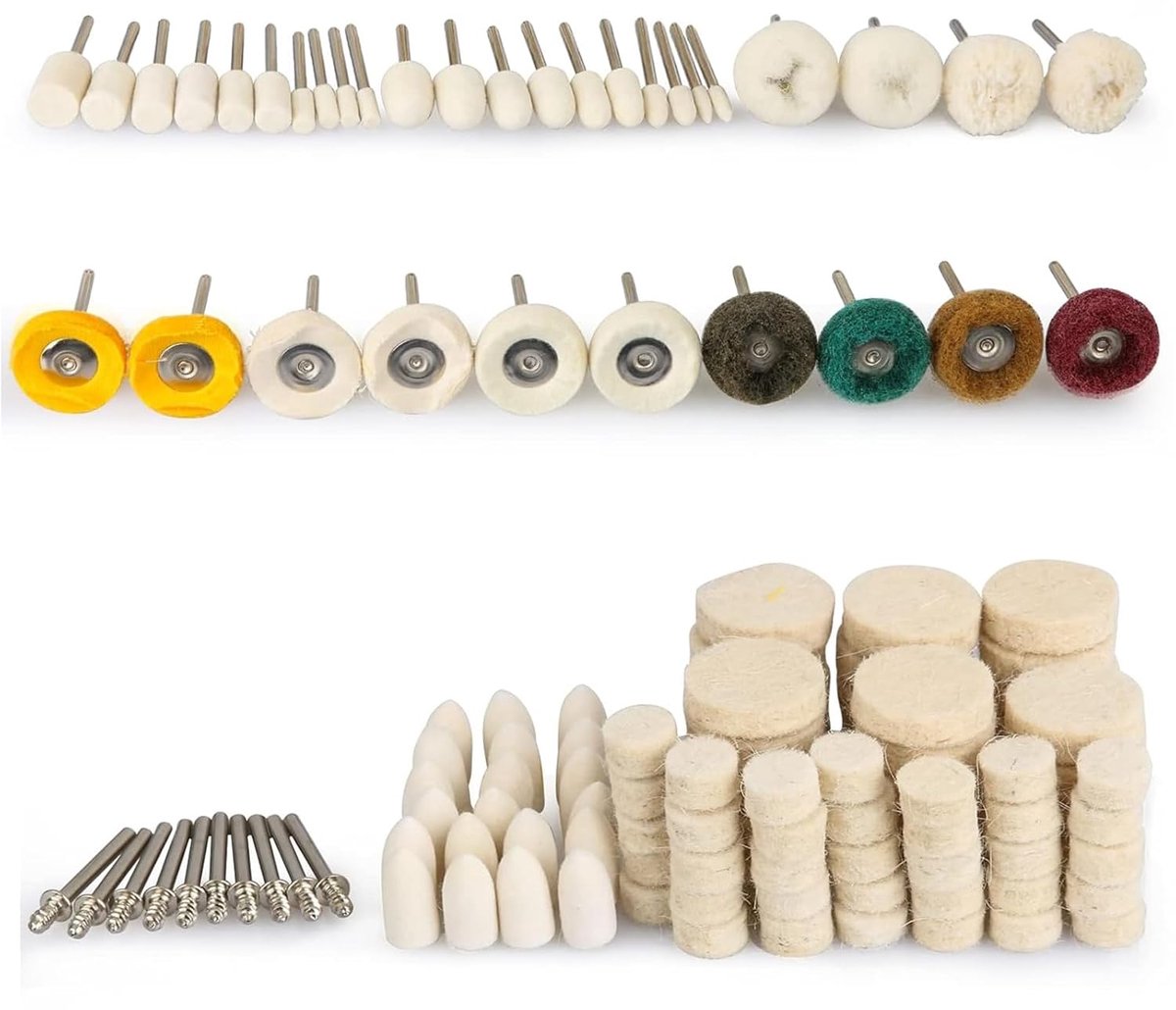 134 stuks polijstwielen van draadwol voor Dremel accessoires, polijstbits op schacht 3 mm, polijstpunt voor metaal, glas, sieraden, draaigereedschap, multifunctioneel gereedschap